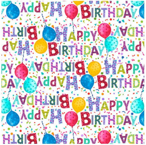 Party Line Happy Birthday Words on White Blank Quilting Cotton Fabric