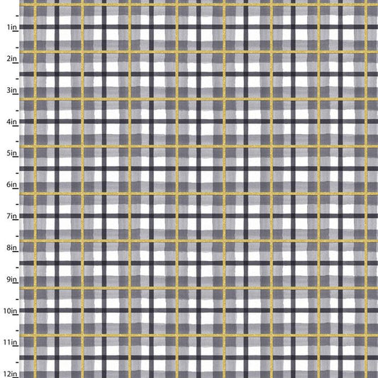 Peace Earth Plaid Glitter Gray Gold Beth Albert 3 Wishes Cotton Fabric