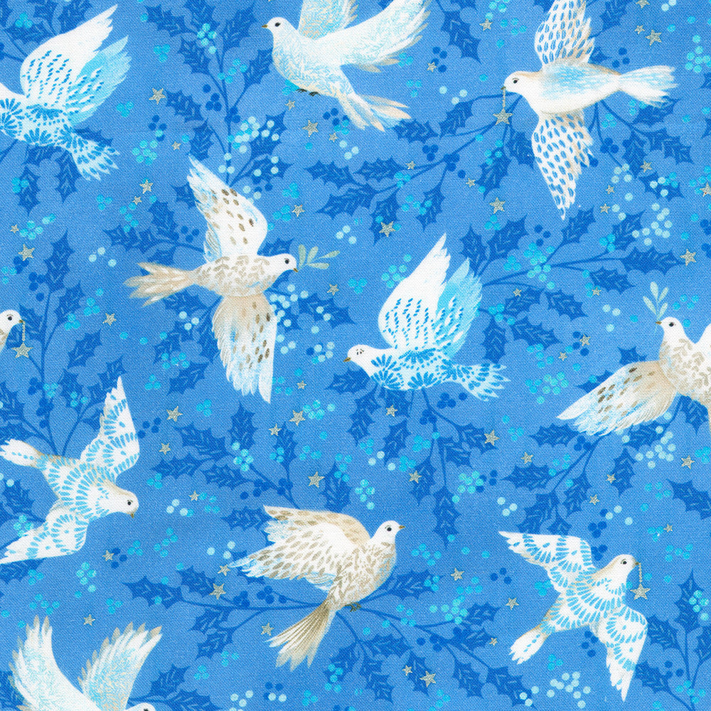Peaceful White Doves Azure Blue Metallic Sanja Rescek Robert Kaufman Cotton Fabric RK-AQODM-23103-64