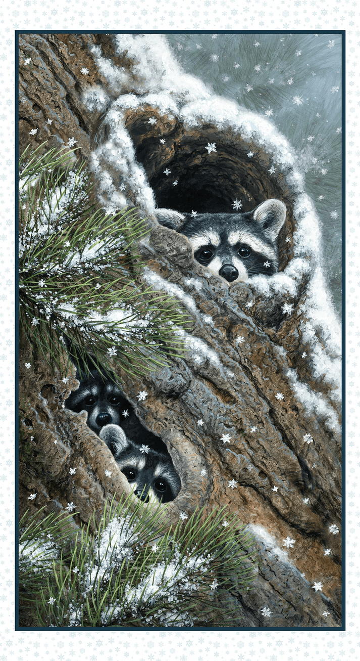 Peekaboo Raccoons Hiding in Trees Panel 24" Snow Abraham Hunter Elizabeth's Studio Cotton Fabric ES-9619-SNOW | US Fabric Shop