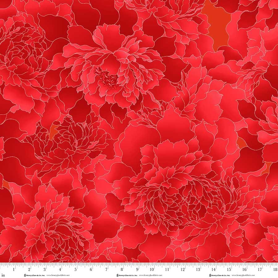 Peony Paradise 118" Wide back Flame Red Color Principle Henry Glass Cotton Fabric HG-3603W-88 | US Fabric Shop