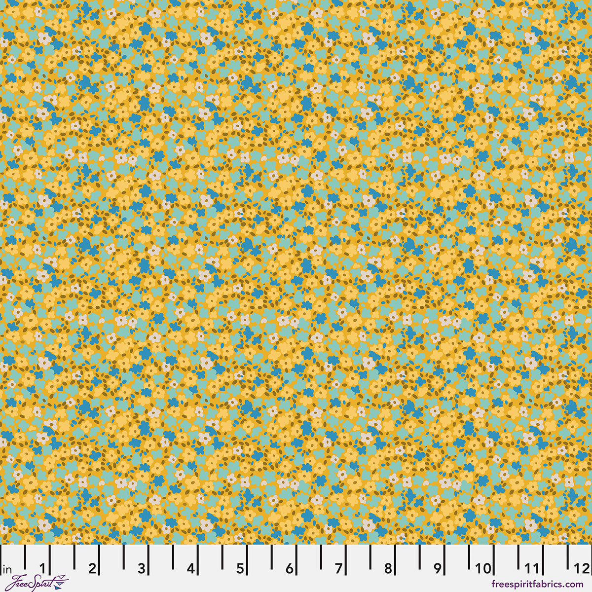 Petite Prints Ditsy Chamomile Floral Yellow Blue August Ellery Free Spirit Cotton Fabric FS-PWAE001.CHAMOMILE