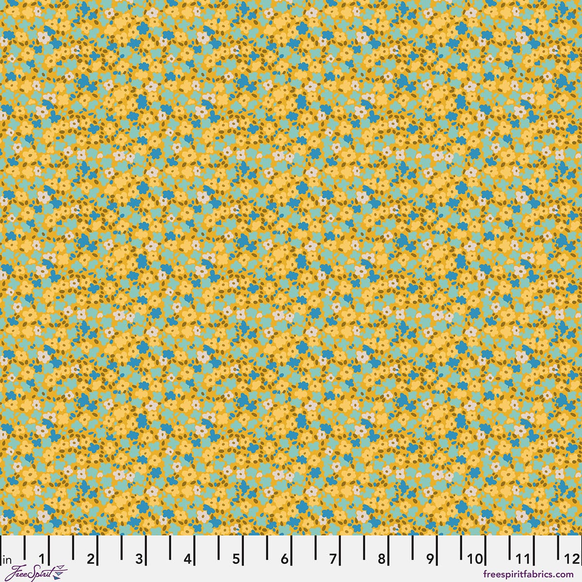 Petite Prints Ditsy Chamomile Floral Yellow Blue August Ellery Free Spirit Cotton Fabric FS-PWAE001.CHAMOMILE | US Fabric Shop