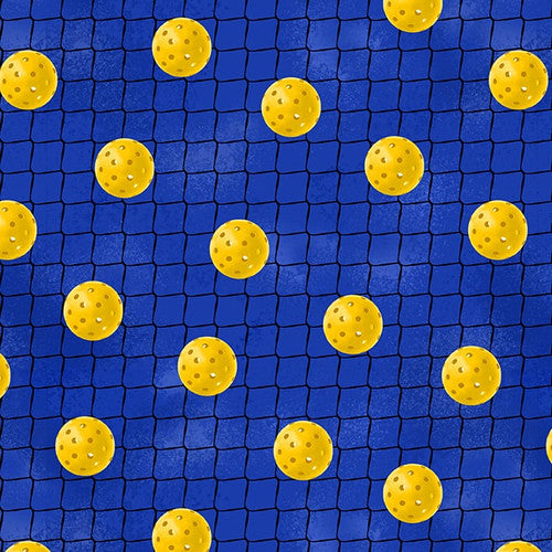 Pickleball Anyone? Pickleballs on Net Blue Urban Essence Designs Blank Quilting Cotton