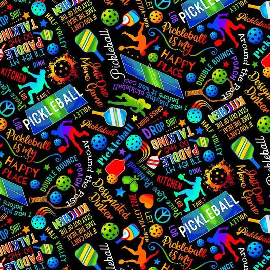 Elite Athlete Pickleball Words Blue Gail Cadden Timeless Treasures Cotton Fabric TT-GAIL-CD2274-BLACK