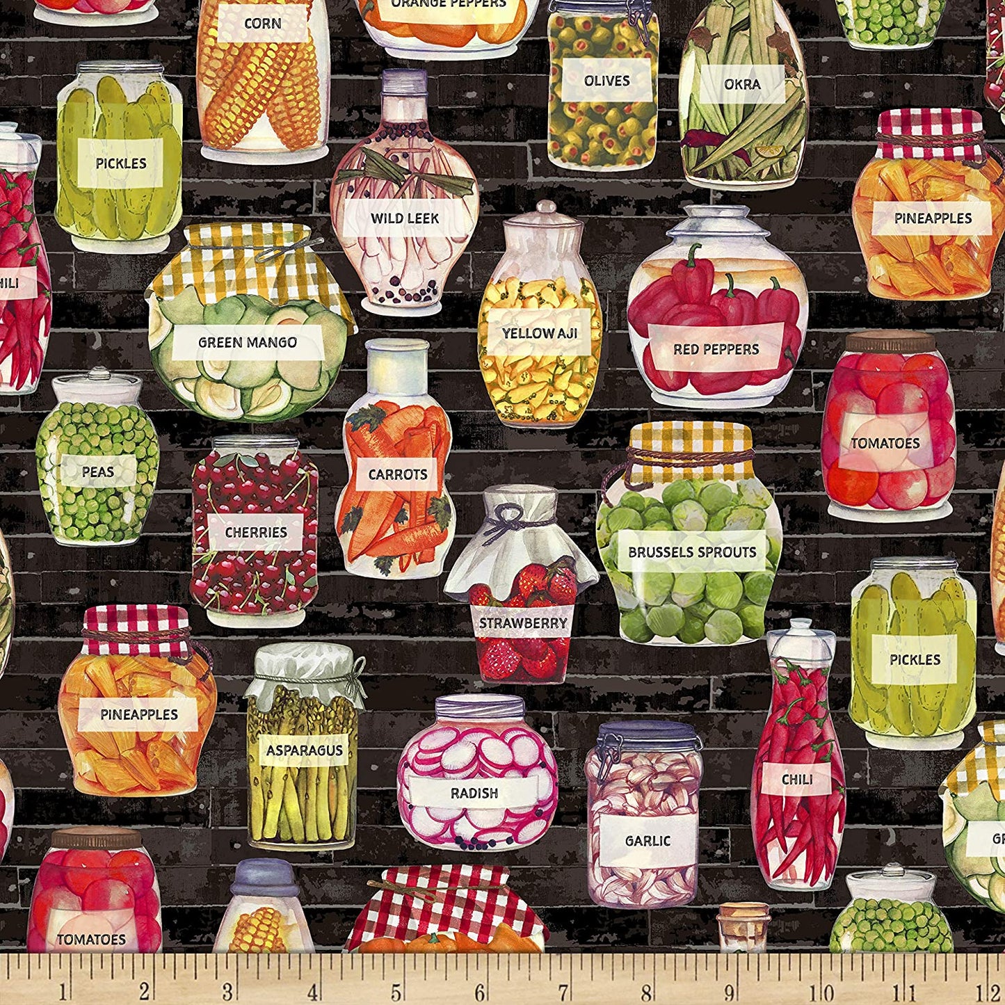 Certified Delicious Pickled Produce Black Windham Cotton Fabric WF-52441D-3