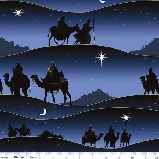 Picture a Christmas 3 Wise Men Bethlehem Star Navy Stripe Riley Blake Cotton Fabric