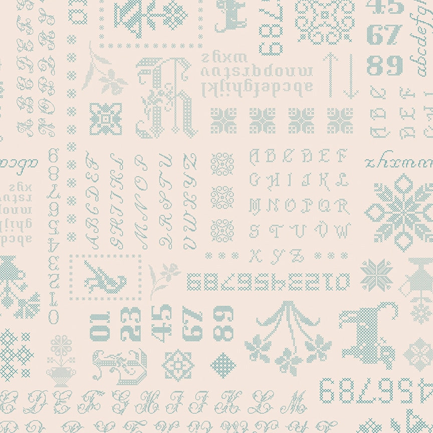 Piece & Plenty Cross Stitch Sampler Blue Lori Holt Riley Blake Designs Cotton Fabric