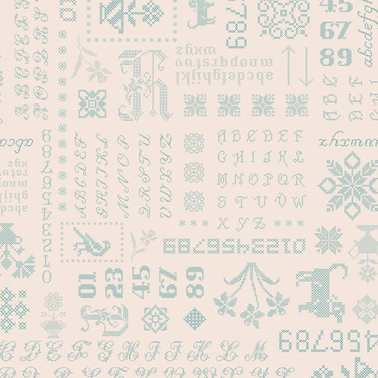 Piece & Plenty Cross Stitch Sampler Blue Lori Holt Riley Blake Designs Cotton Fabric