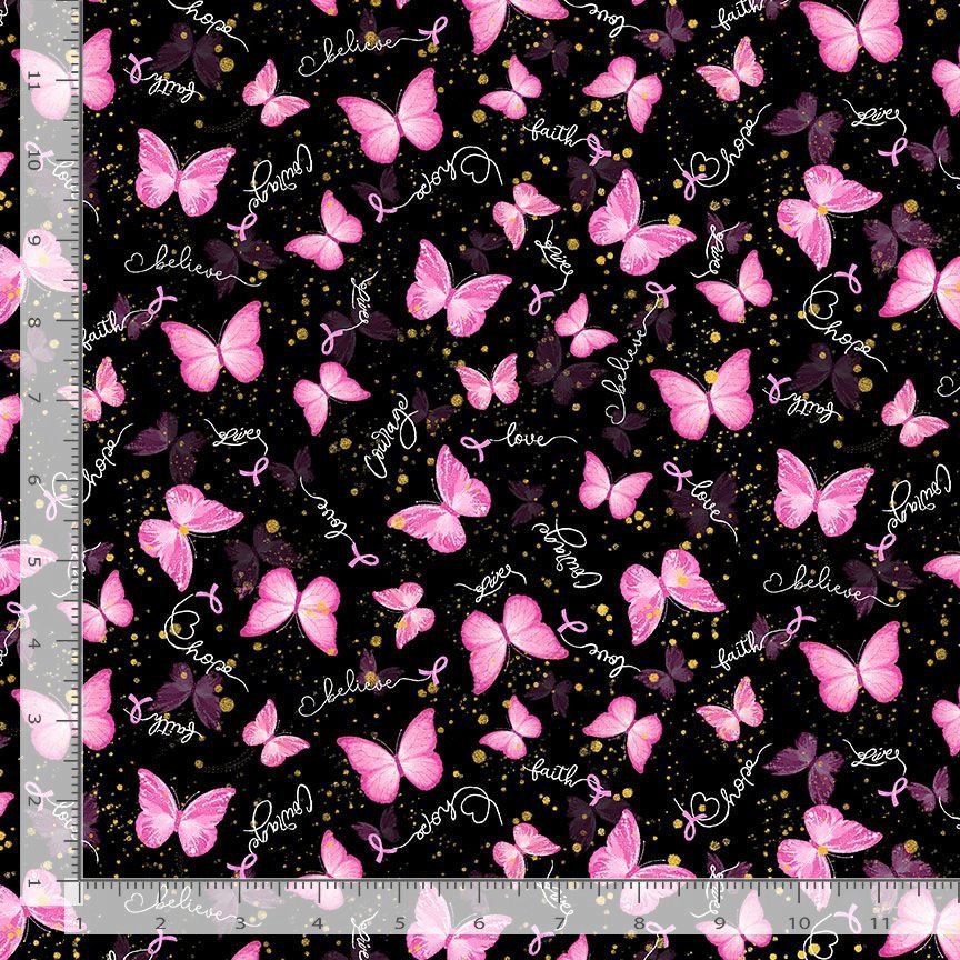 Pink Ribbons & Butterflies Black Timeless Treasures Cotton Fabric TT-FUN-CD3399-BLACK