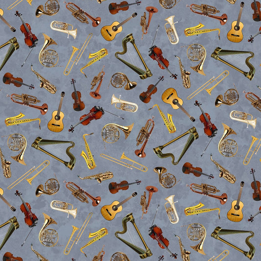 Pitch Perfect Orchestra Instruments Grey Michael Miller Cotton Fabric MM-DCX10472-GRAY