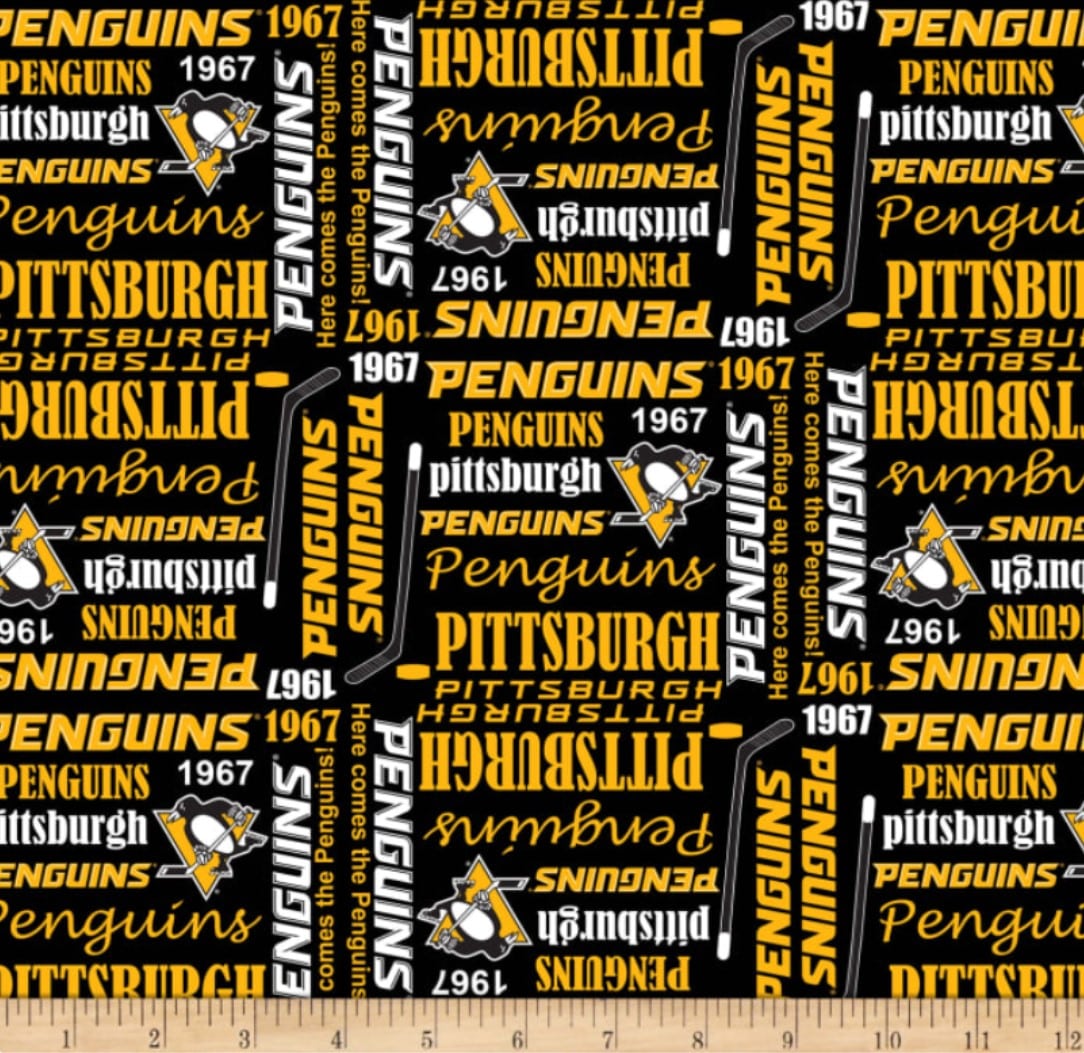 Pittsburgh Penguins NHL Hockey Words Allover Design Cotton Fabric NHL-1138 PEN