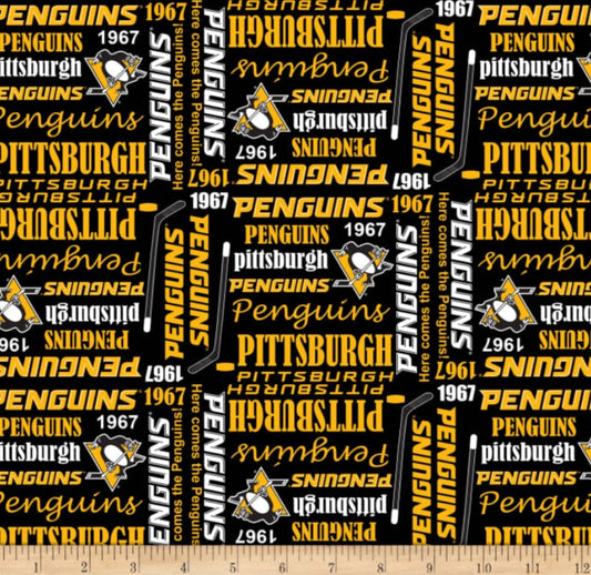 Pittsburgh Penguins NHL Hockey Words Allover Design Cotton Fabric NHL-1138 PEN
