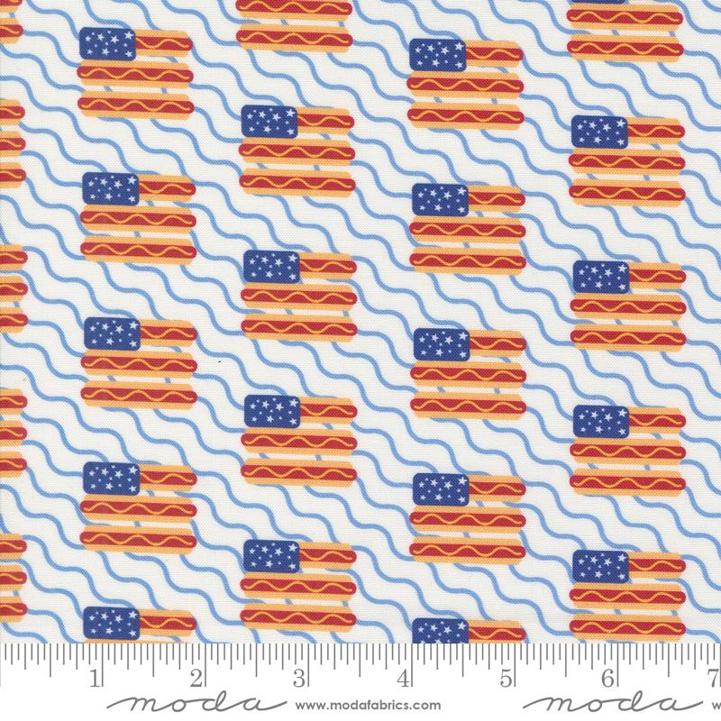Play Ball Top Dog Americana Hot dogs Flag Stripe Chalk Multi Moda Cotton Fabric MD-33815-11