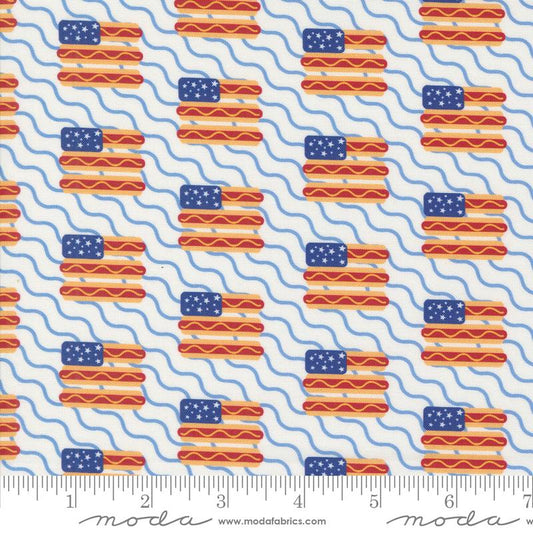 Play Ball Top Dog Americana Hot dogs Flag Stripe Chalk Multi Moda Cotton Fabric MD-33815-11