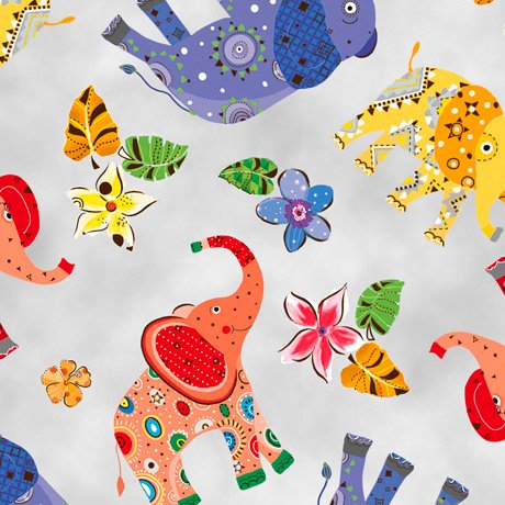 Playful Elephants Toss Grey Quilting Treasures Cotton Fabric