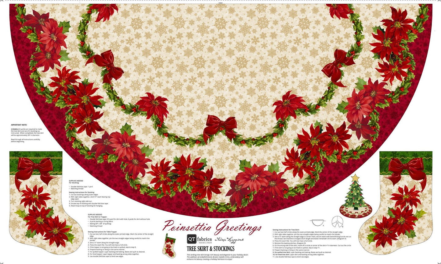 Poinsettia Greetings Tree Skirt and Stocking Panel 36"x60" Tina Higgins Quilting Treasures Cotton Fabric QT-2600-3181-X