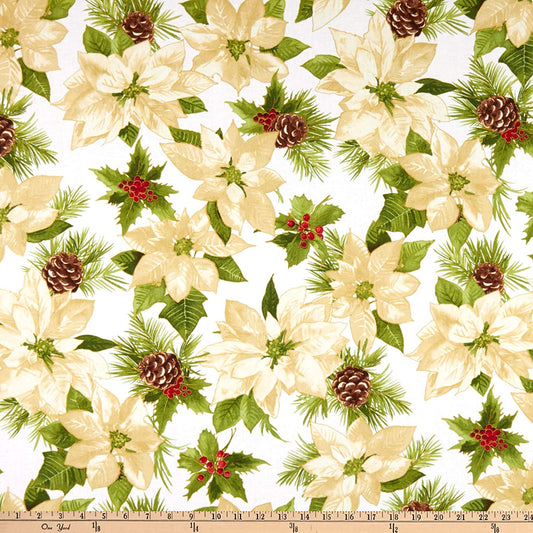 Poinsettia Metallic Soft White Glad Tidings Maywood Studio Cotton Fabric