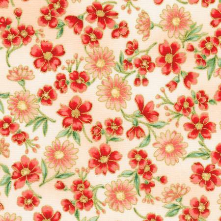 Poppy Hill Daisies Primrose Red Metallic Studio RK Robert Kaufman Cotton Fabric RK-SRKM-21860-104