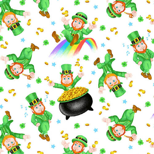 Pot of Gold Tossed Leprechaun White City Art Henry Glass Cotton Fabric HG-9365-16