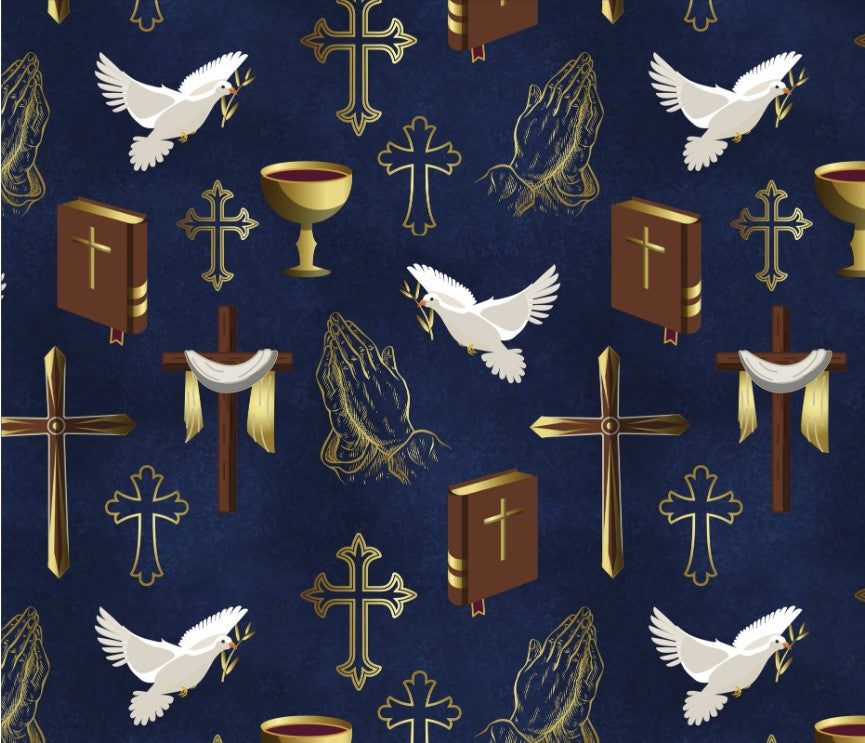 Power of Prayer Bible Dove Cross Navy Blue David Textiles Cotton Fabric DT-DX-1763-1C-1
