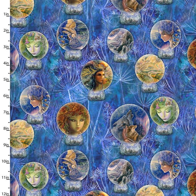 Power of the Elements Snow globes Fairy Wolf Blue Josephine Wall 3 Wishes Cotton Fabric