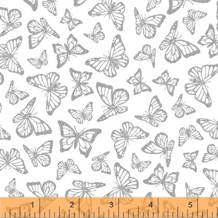 Precious Metal Nature Butterflies White Silver Metallic Whistler Studios Windham Cotton Fabric WF-51407M-3