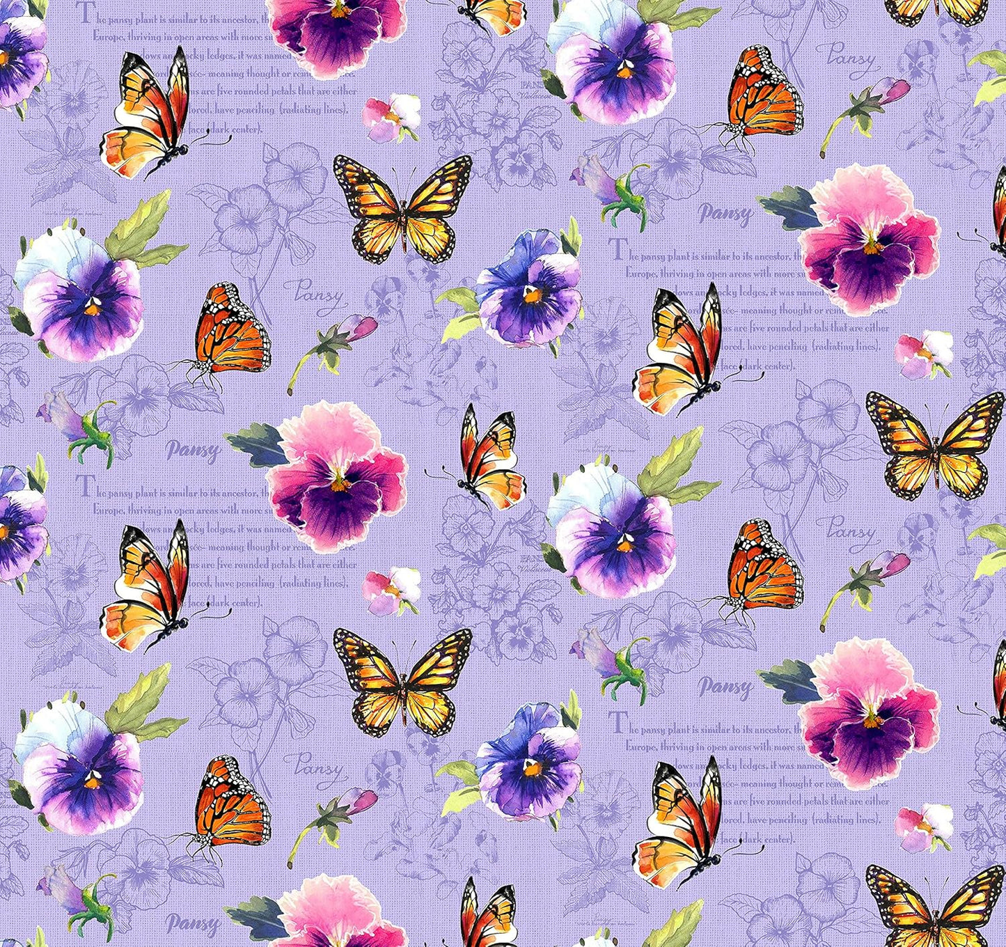 Pretty Pansies Toile Tossed Floral and Butterflies Lilac Purple Sykel Cotton Fabric SYK-10373