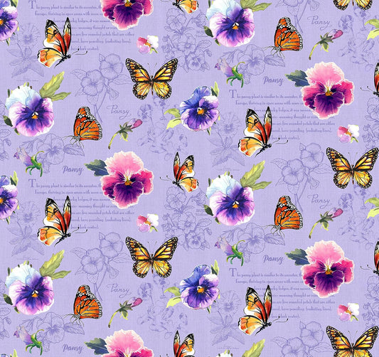 Pretty Pansies Toile Tossed Floral and Butterflies Lilac Purple Sykel Cotton Fabric SYK-10373