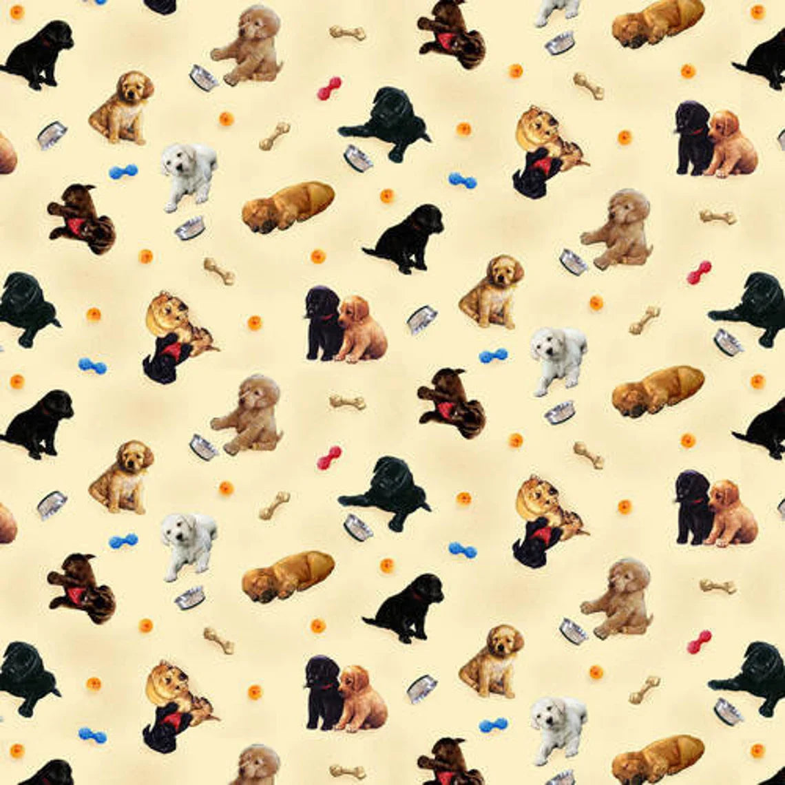 Pups the Garden Tossed Puppies Cream Bob Giordano Henry Glass Cotton Fabric