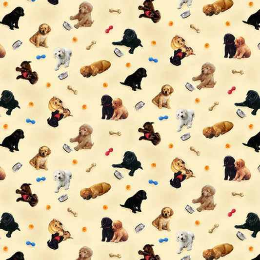 Pups the Garden Tossed Puppies Cream Bob Giordano Henry Glass Cotton Fabric
