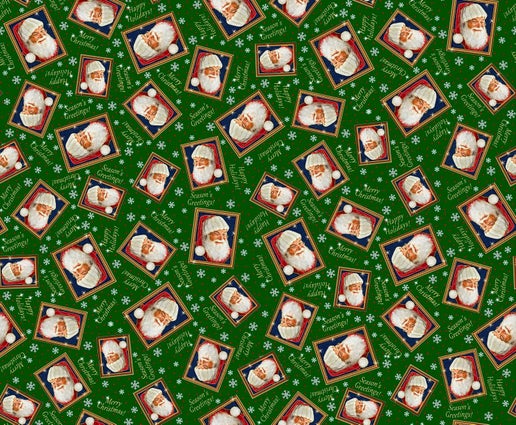Santa's List Tossed Santa Frames Dark Forest Green Quilting Treasures Cotton Fabric