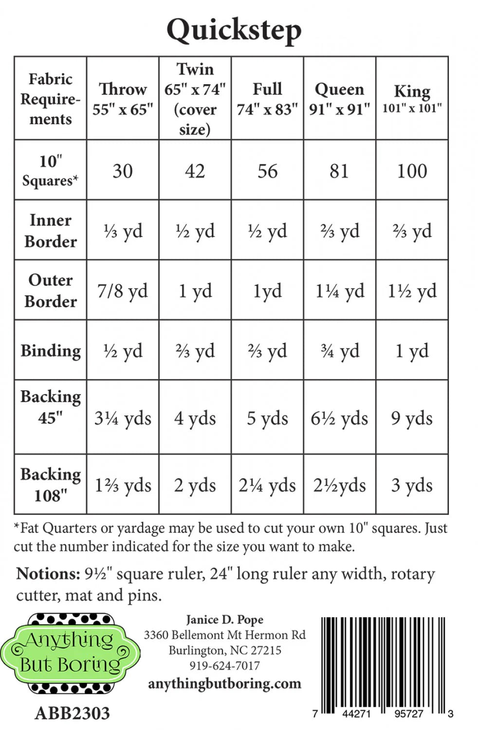 Quickstep Quilt Pattern Available in 5 sizes by Anything But Boring ABB-2303