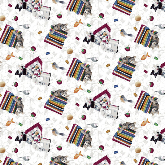 Quilted Kitties Cats and Fabrics Tossed White Robert Giordano Henry Glass Cotton Fabric