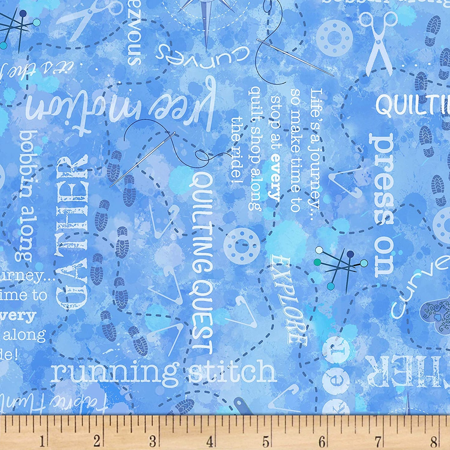 Quilter's Trek Cross Stitch Quilt Quest Blue QTI Timeless Treasures Cotton Fabric TT-C7735 Blue