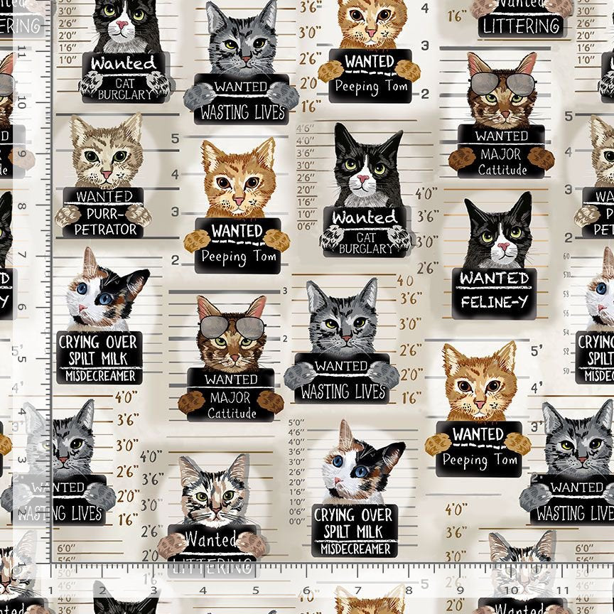 Quirky Cats Mugshot Allover Beige Gail Cadden Timeless Treasures Cotton Fabric | US Fabric Shop