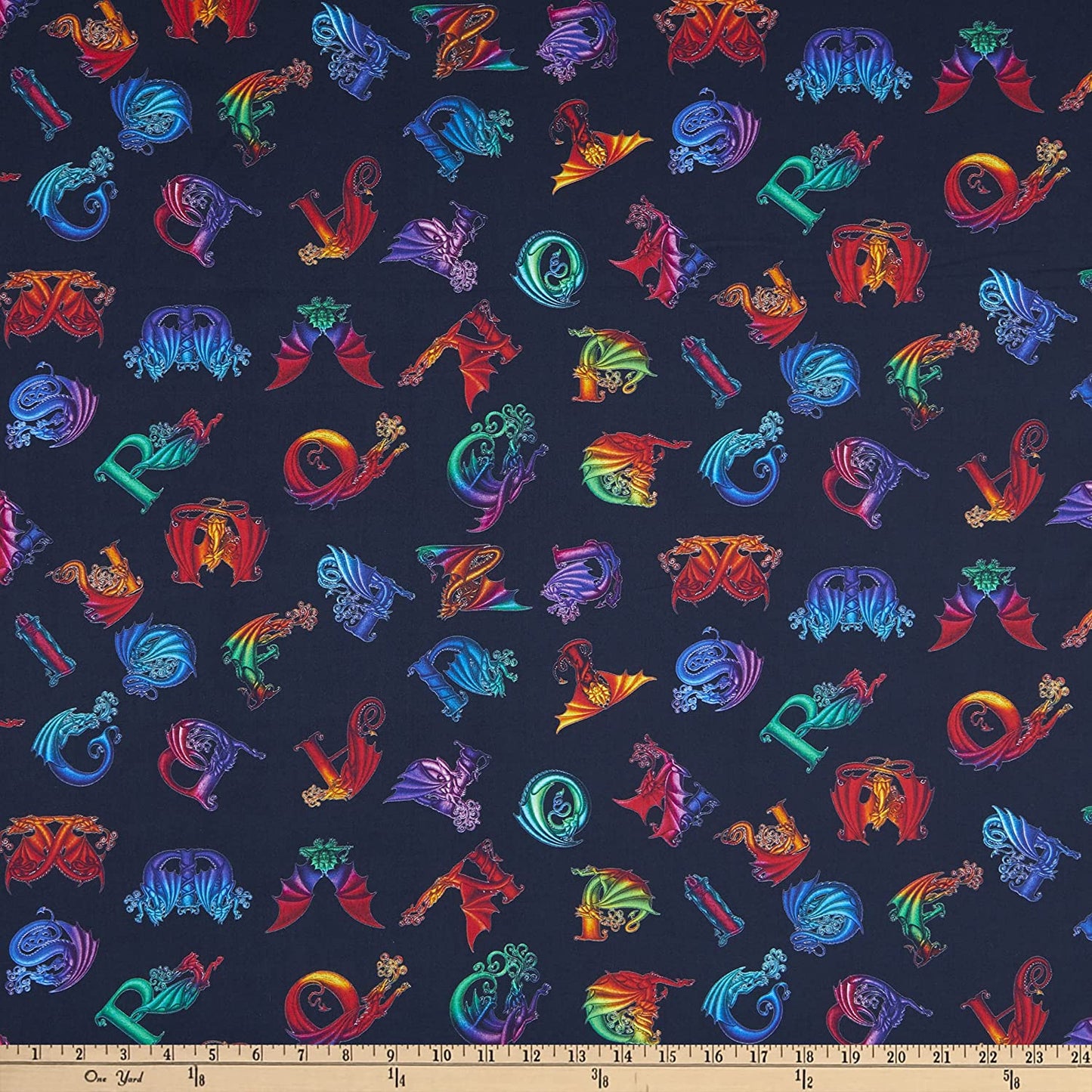 Rainbow Dragon Tossed Alphabet Allover Black Studio E Cotton Fabric