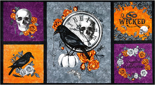Wicked Raven Skull Halloween Panel 24" Wicked Collection Northcott Cotton Fabric