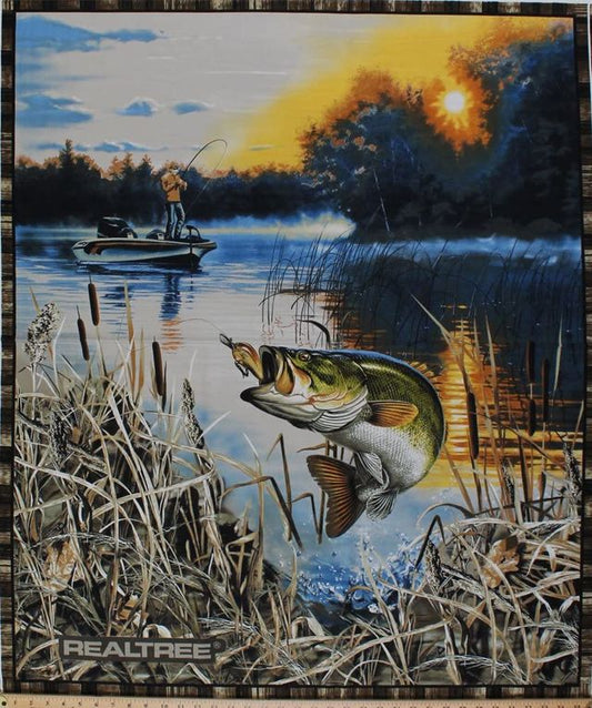 Realtree Bass Fishing Fisherman Fish Scenic Panel 36" Print Concepts Cotton Fabric PC-9939