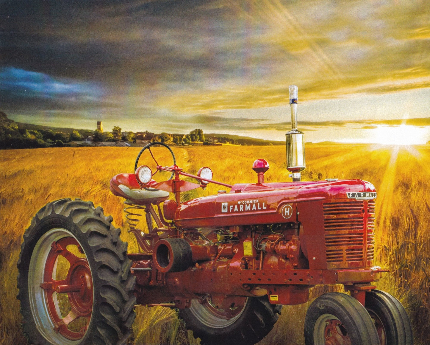 Red Tractor Sunset Gold Panel 36" Panel Art Licensing David Textiles Cotton Fabric DT AL-3673-1C-1
