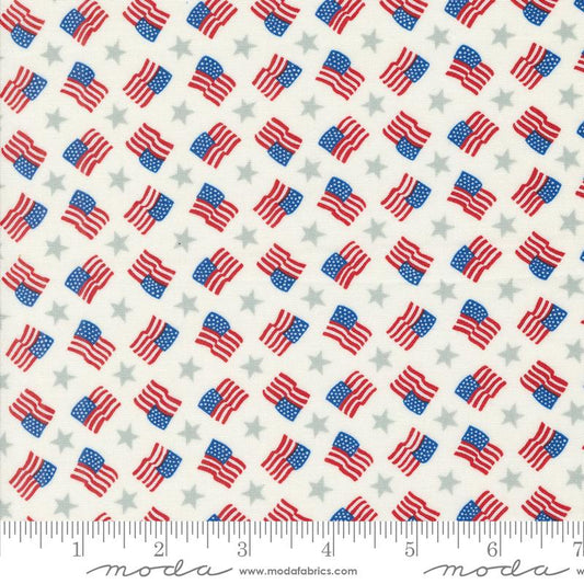 Red White and Bloom Tossed Flags and Stripes Americana Novelty Flags Daisy White Multi Deb Strain Moda Cotton Fabric