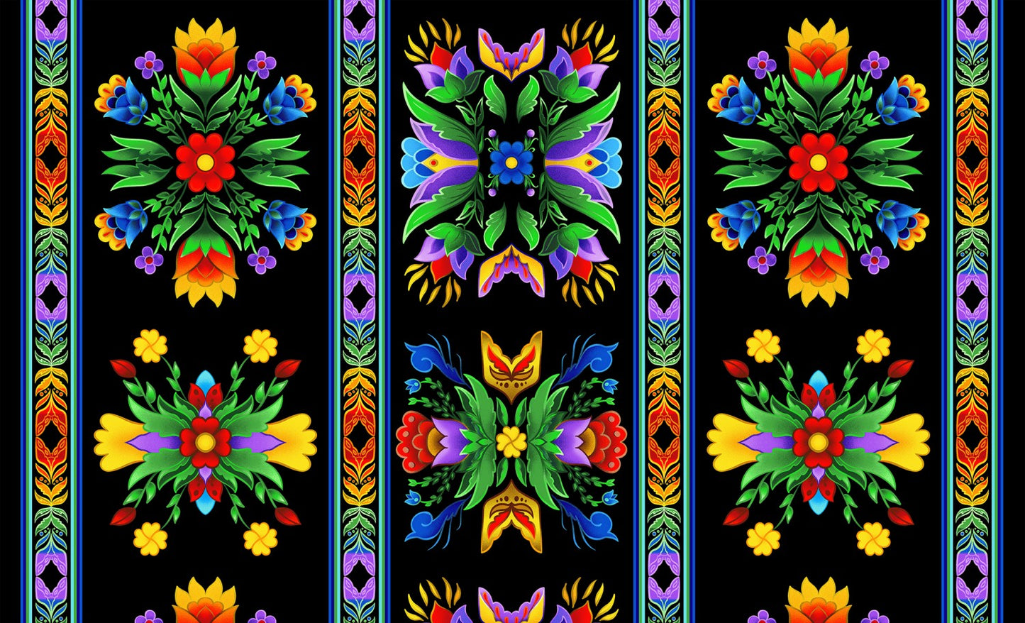 Regalia Large Scale Stripe Southwest Flower Black Aaron Martin Elizabeth's Studio Cotton Fabric ES-37000-Black