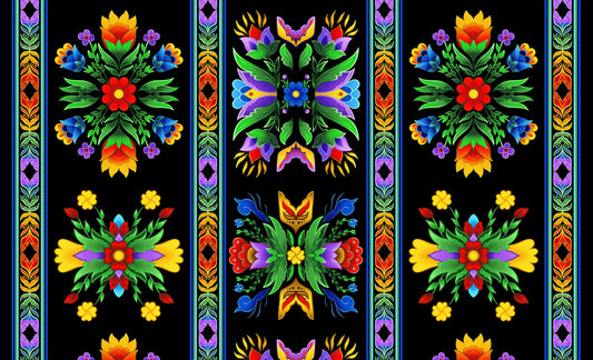 Regalia Large Scale Stripe Southwest Flower Black Aaron Martin Elizabeth's Studio Cotton Fabric ES-37000-Black