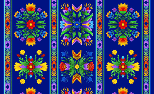 Regalia Wide Stripe Southwest Flower Royal Blue Aaron Martin Elizabeth's Studio Cotton Fabric ES-37000-Royal