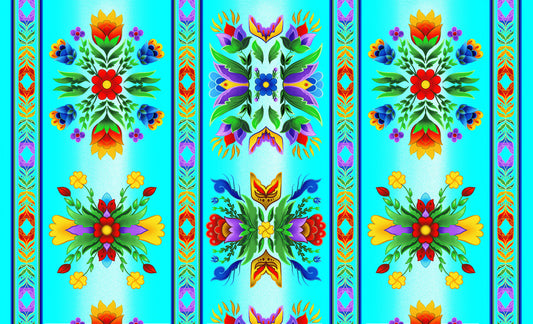 Regalia Wide Stripe Southwest Flower Turquoise Aaron Martin Elizabeth's Studio 44" Cotton Fabric ES-37000-Turquoise