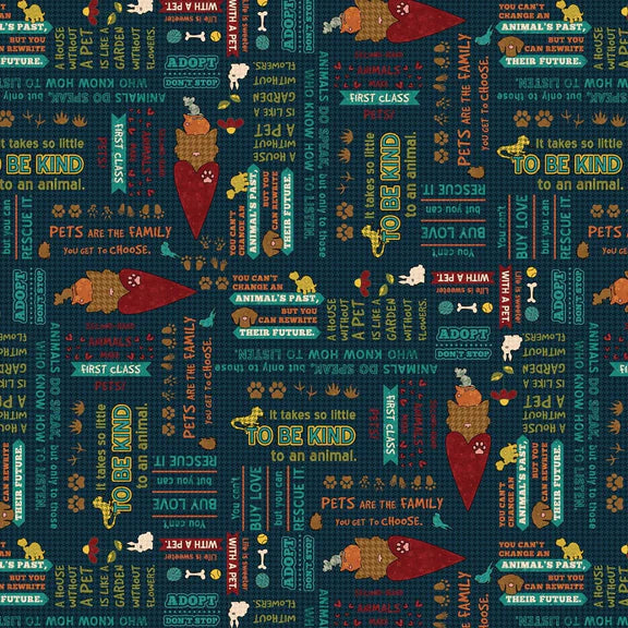 Rescued and Loved Words Allover Navy Blue Henry Glass Cotton Fabric HG-9393-77