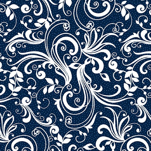 Rhapsody Scroll Navy White Kanvas Studio Benartex Cotton Fabric BE-14070-55
