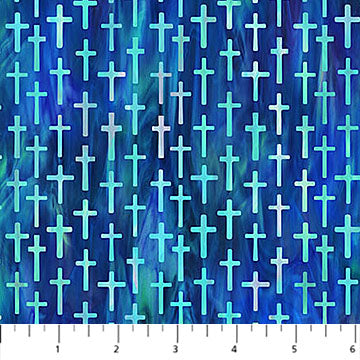 Risen Small Cross Blue Multi Deborah Edwards Northcott Fabrics Cotton Fabric NC-DP28663-48