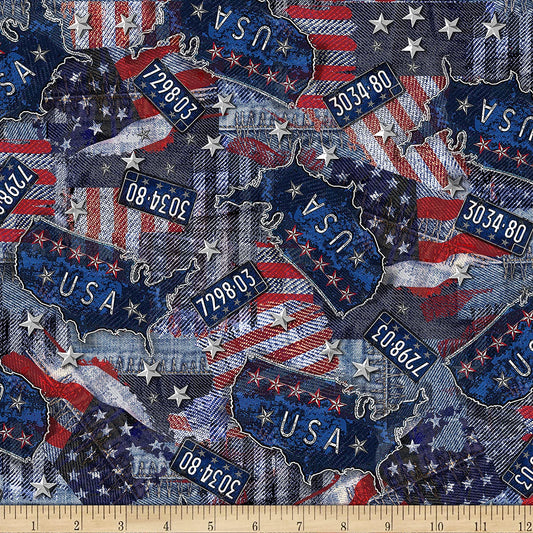 Road Trip Patriotic Flag Print USA Denim Blue Timeless Treasures Cotton Fabric TT-C8793 Denim USA