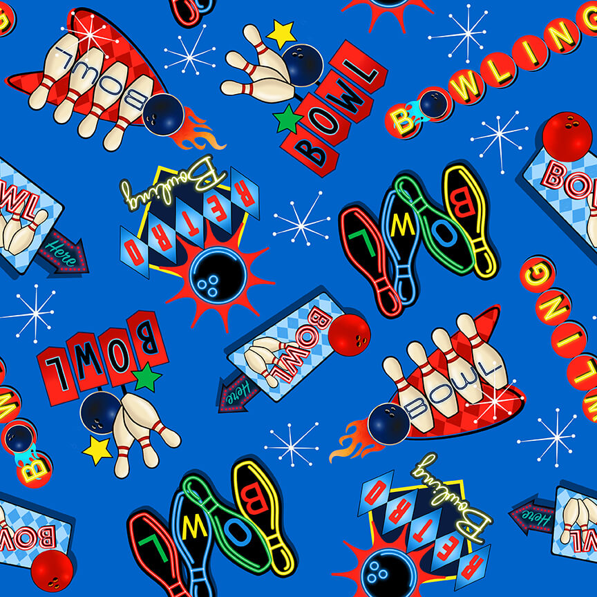 Rock N' Bowl Tossed Neon Bowling Signs Medium Blue by Urban Essence Designs Blank Quilting Cotton Fabric